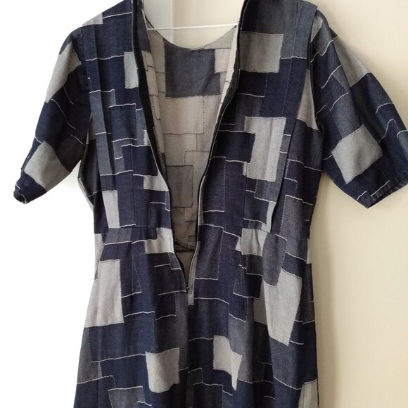 Handmade Denim Jean Patchwork Dress Plus Size 44.5"B 34"W Amish Mennonite Cape - Picture 11 of 14